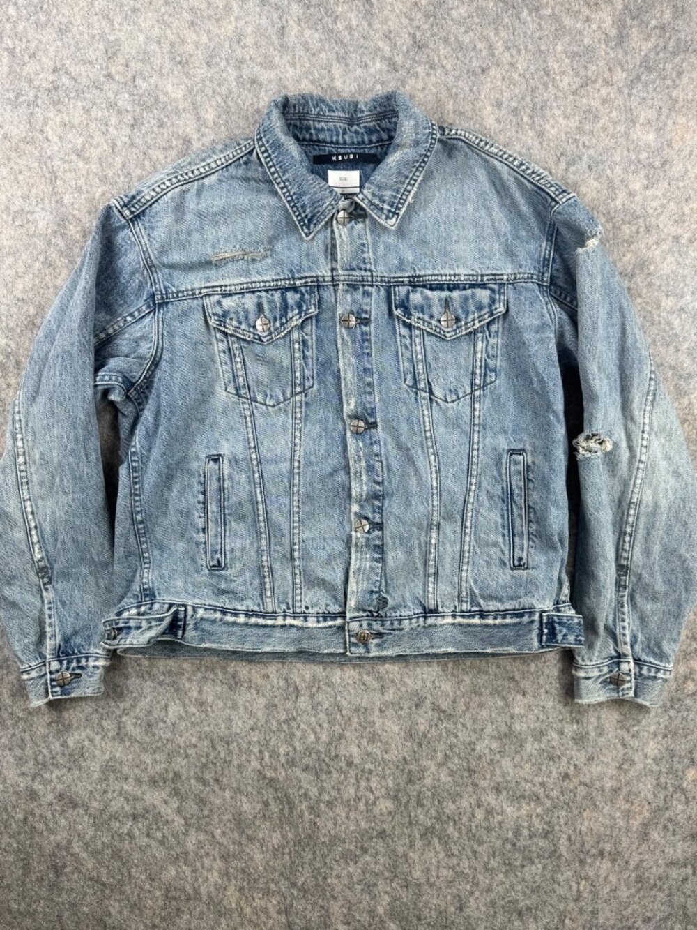 Ksubi Womens Distressed Denim Jacket Sz M Blade Runner Oversized Back Graphic